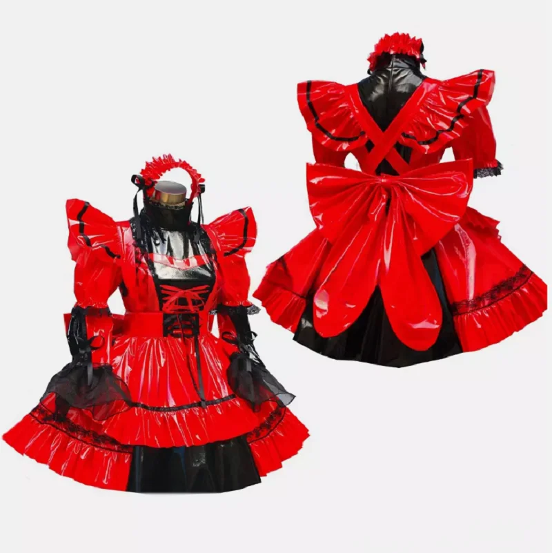 

Maid Girl Sissy Lockable Red PVC long sleeve Dress cosplay costumeS Tailor-made