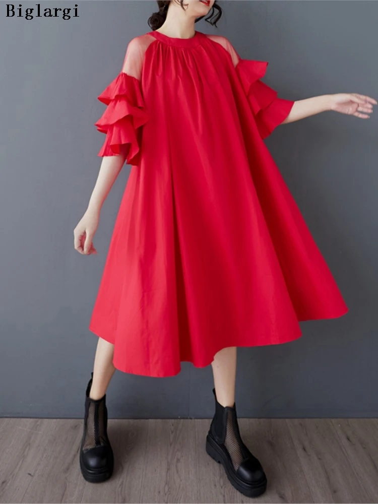 

Oversized Summer Midi Dress Women Mesh Patchwork Ruffle Pleated Fashion Ladies Dresses Loose Casual Woman A-Line Dress