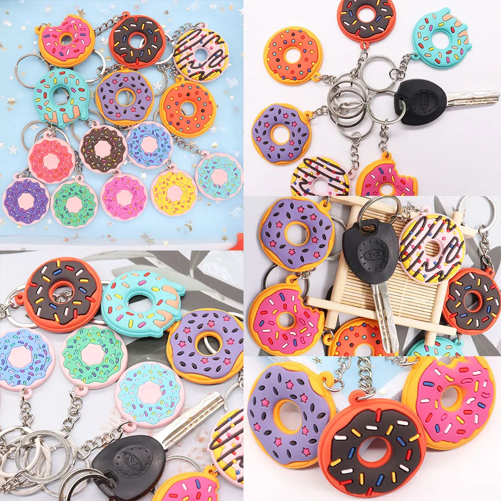 1PCS PVC Keychain Key Rings Cute Dessert Donut Cake Pattern Key Holders Fit Adult Car Keys Kids Trinkets Gift
