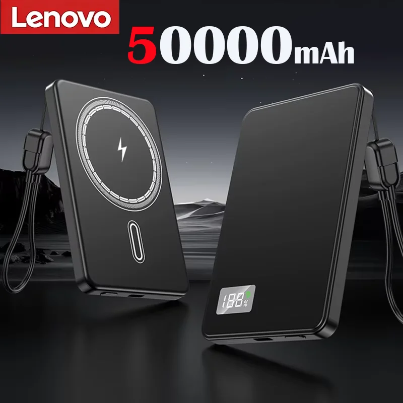 Lenovo 500000mAh Magnetische Draadloze Powerbank Ultradun Draagbaar CCC Gecertificeerd Supersnel Opladen LED Display Pack voor MagSafe