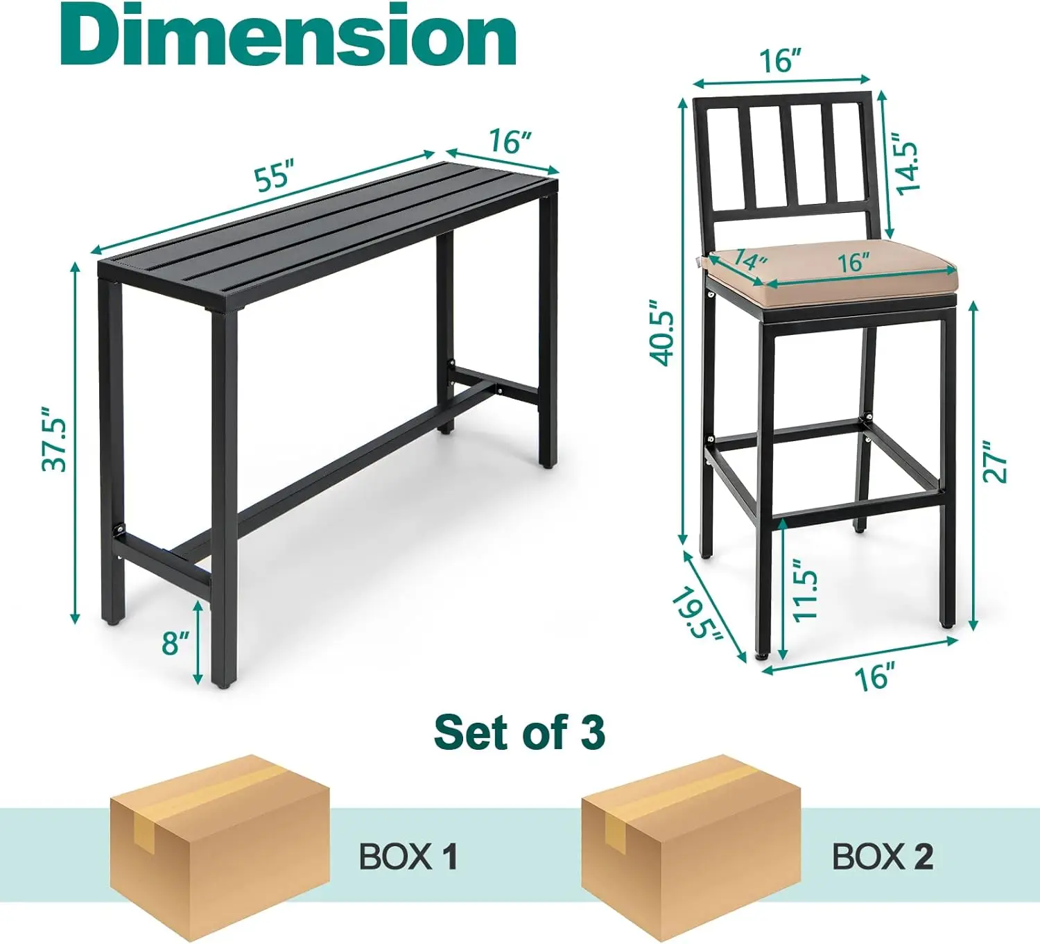 屋外パティオバーセット、長方形のパブの高さ、2つのクッション付きバースツール付きのハイトップバーテーブル、金属製のテーブルと椅子、55インチ、3個