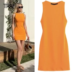 TRAF Women's Sundress Summer 2024 Mini Slim-Fit Dress O-Neck Sleeveless Short Dress Korean Style Dress Sexy High Street Vestidos