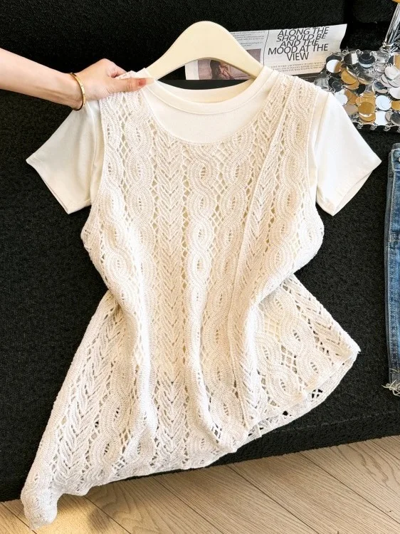 

Women's Knitted Hollow out Design Tank Top Summer New Style Outerwear Two-Piece Set Elastic Loose Fit Casual Wear