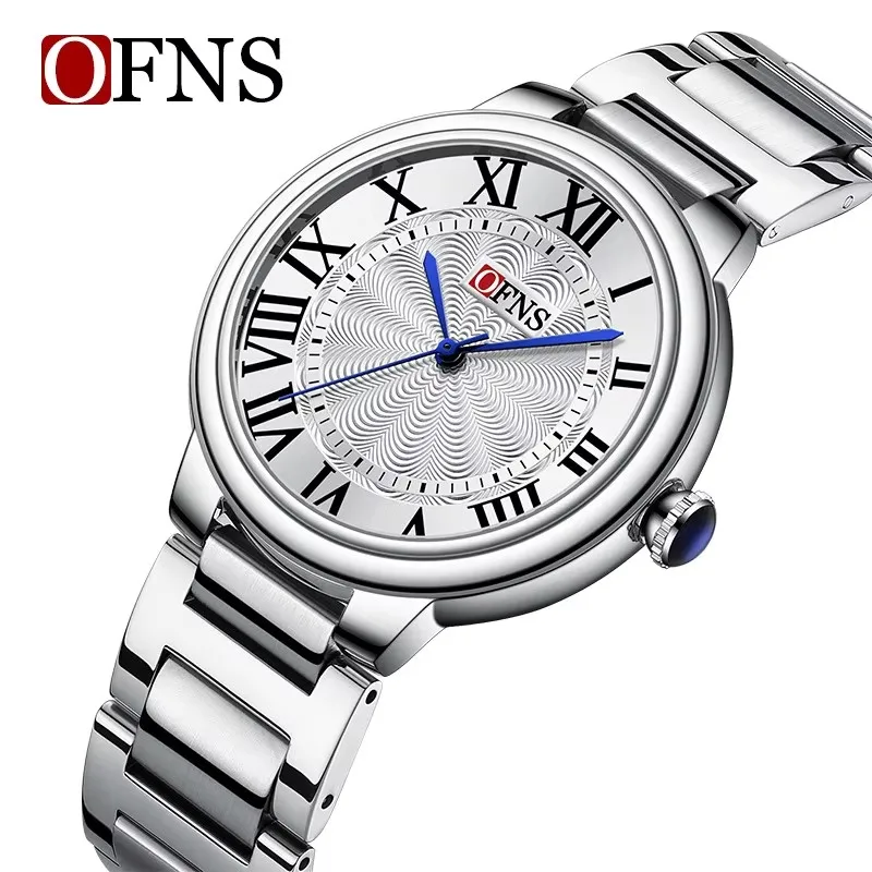 OFNS 1508 ساعة كوارتز رجالية موضة بسيطة حزام ناقل من الفولاذ حزام مقياس روماني مينا الأعمال ساعة يد فريدة للذكور