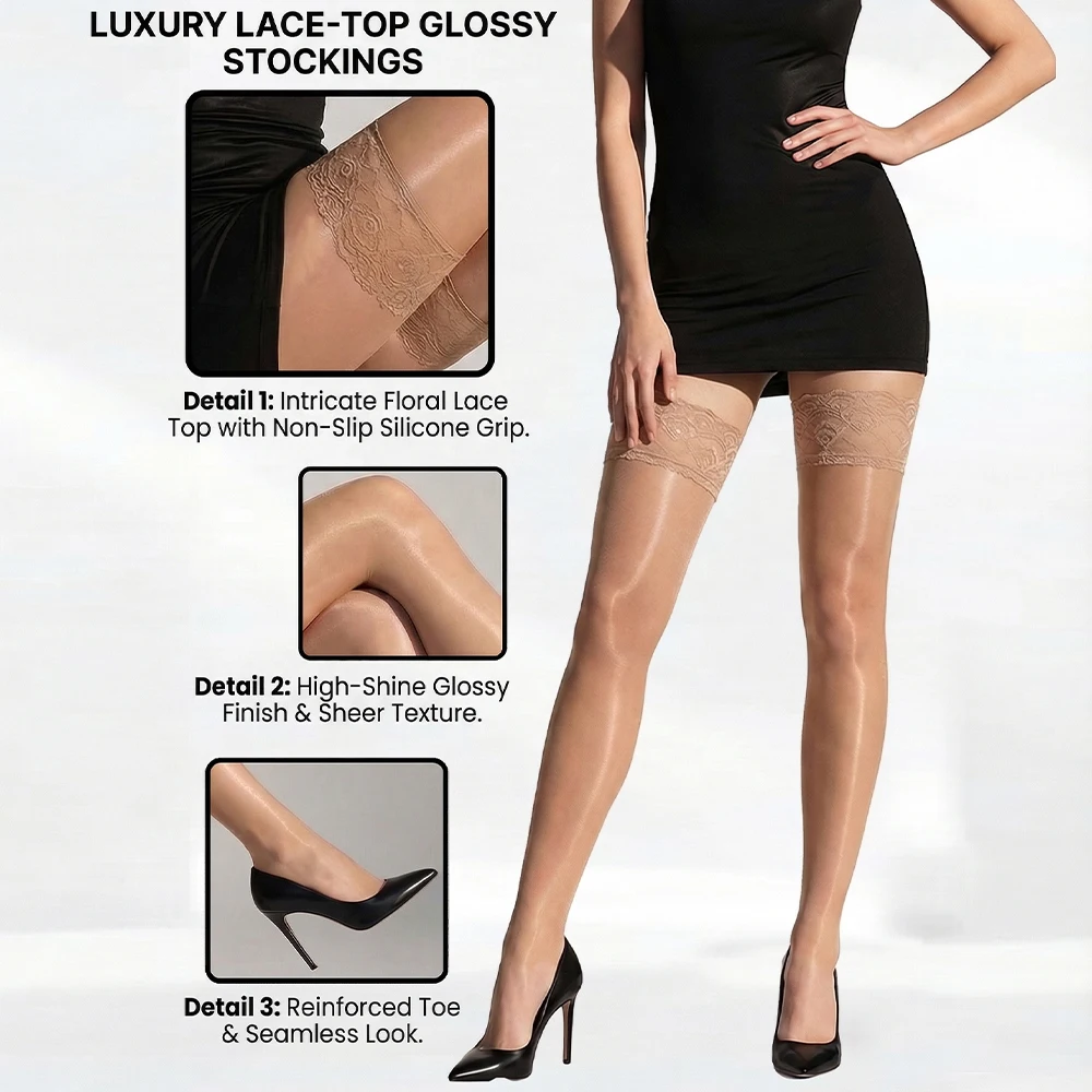Horse Oil Shine Lace Over Knee Stockings，Sexy Non-Slip Thigh Highs White/Black/Red/Nude Glossy Socks image 5