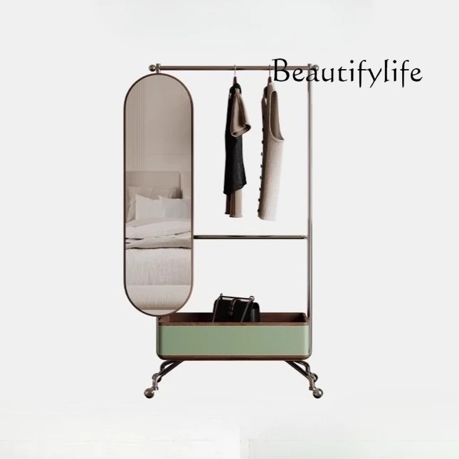 coat rack full-length mirror full-body mirror integrated saddle leather stainless steel removable  hanger with basket