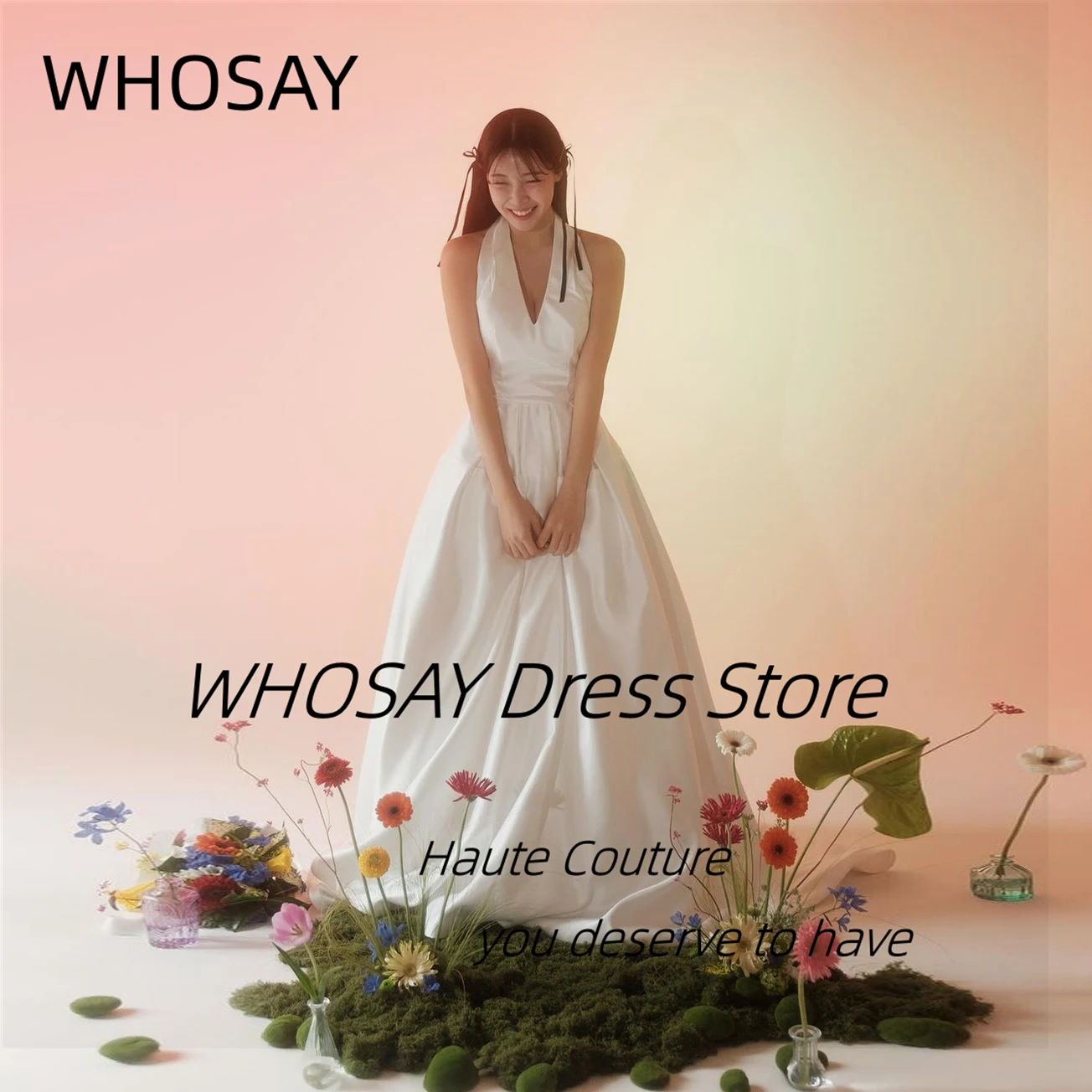 WHOSAY Satin A Line Wedding Dresses Halter Neck Sleeveless Vestidos De Fiesta Sexy Back Shoot Photos Bridal Gowns