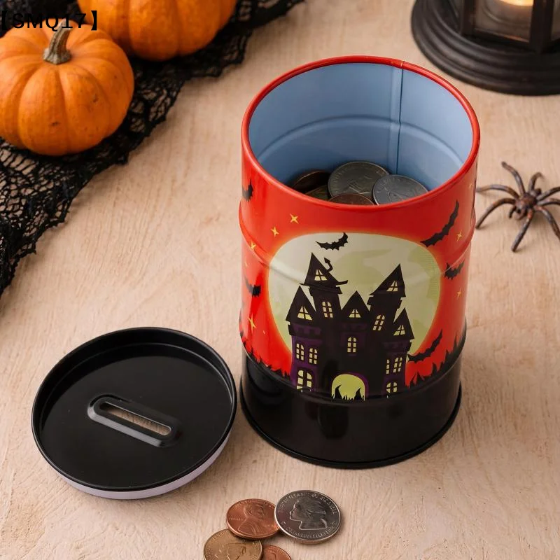 Halloween Metal Piggy Bank With Spooky Haunted House Bat Print For Kids Coin Saving Gifts【SMQ】