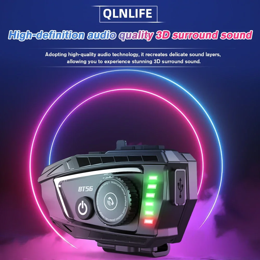 BT56 Motorcycle Helmet Bluetooth Headset BT5.4 Handsfree Call Wireless Noise Reduction Waterproof Headphone with RGB Light