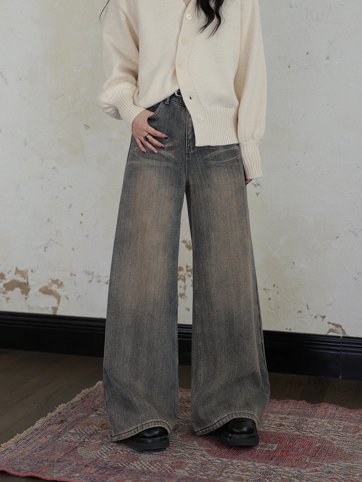 

Женские джинсы DR Vintage с высокой талией, широкими штанинами и флисовой подкладкой, свободного кроя, утягивающие, из хлопка, зимние, комфортные брюки