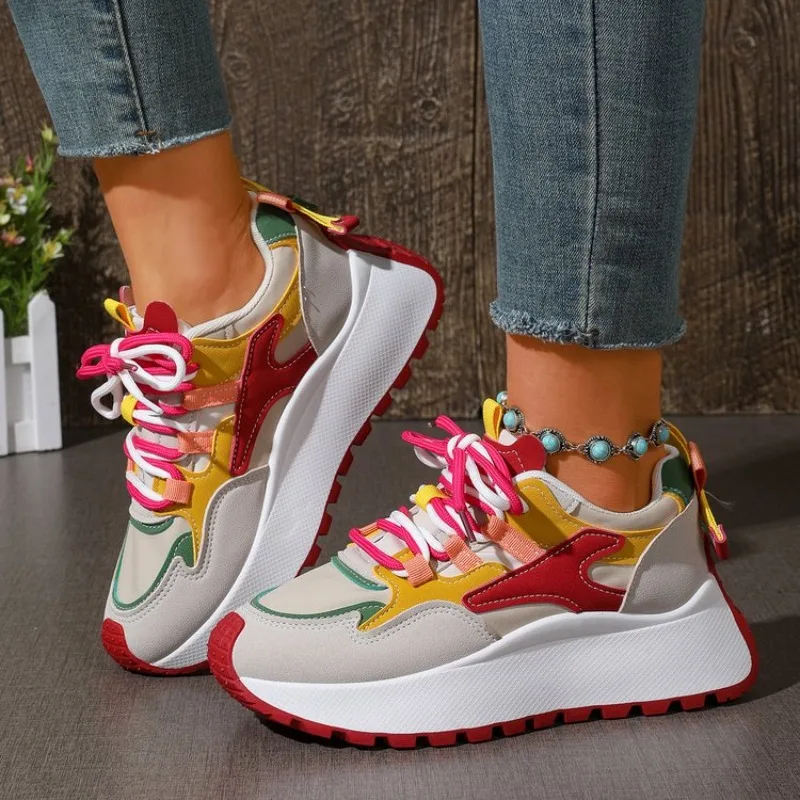 New Spring Autumn Women Color Block Patchwork Chunky Walking Sneakers Platform Thick Sole Light Fashion Daily Outdoor Footwear