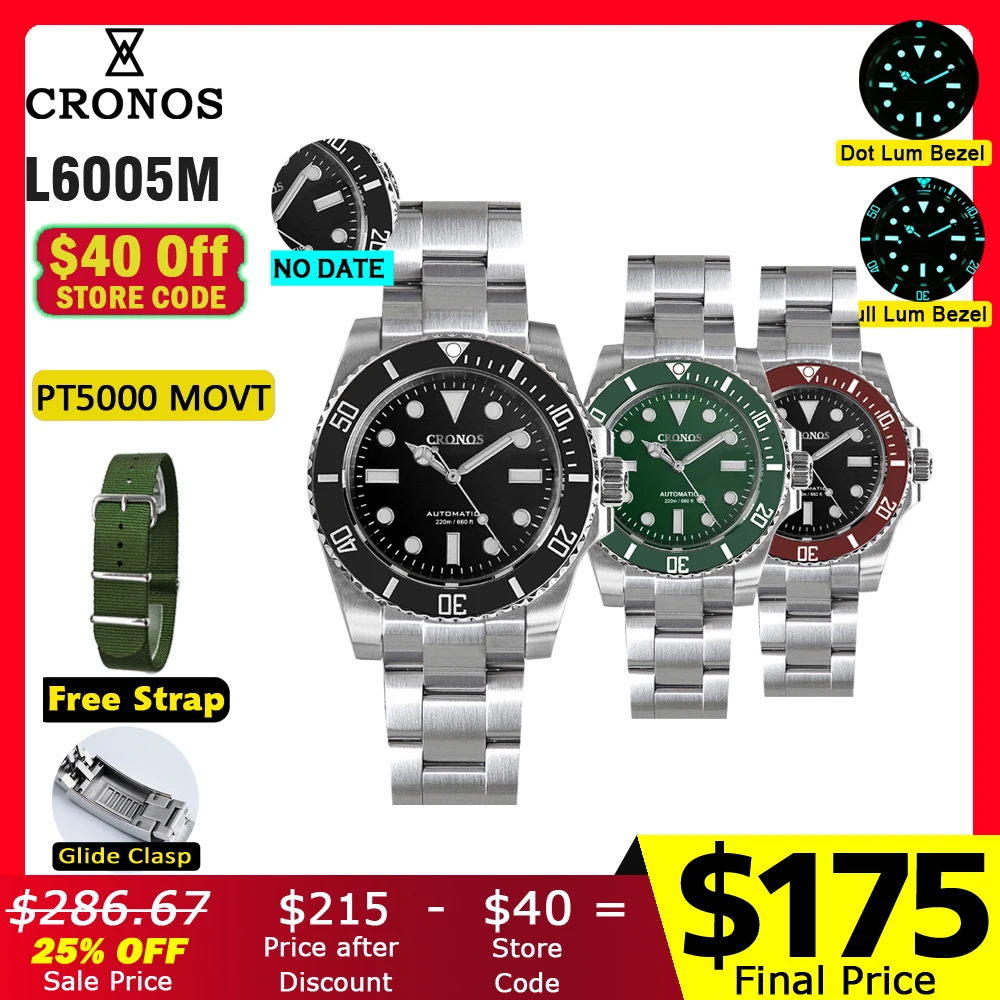 Cronos Sub Diver Men Watch No Date PT5000 Brushed Bracelet Ceramic Bezel 200 meters Water Resistant Glideclasp