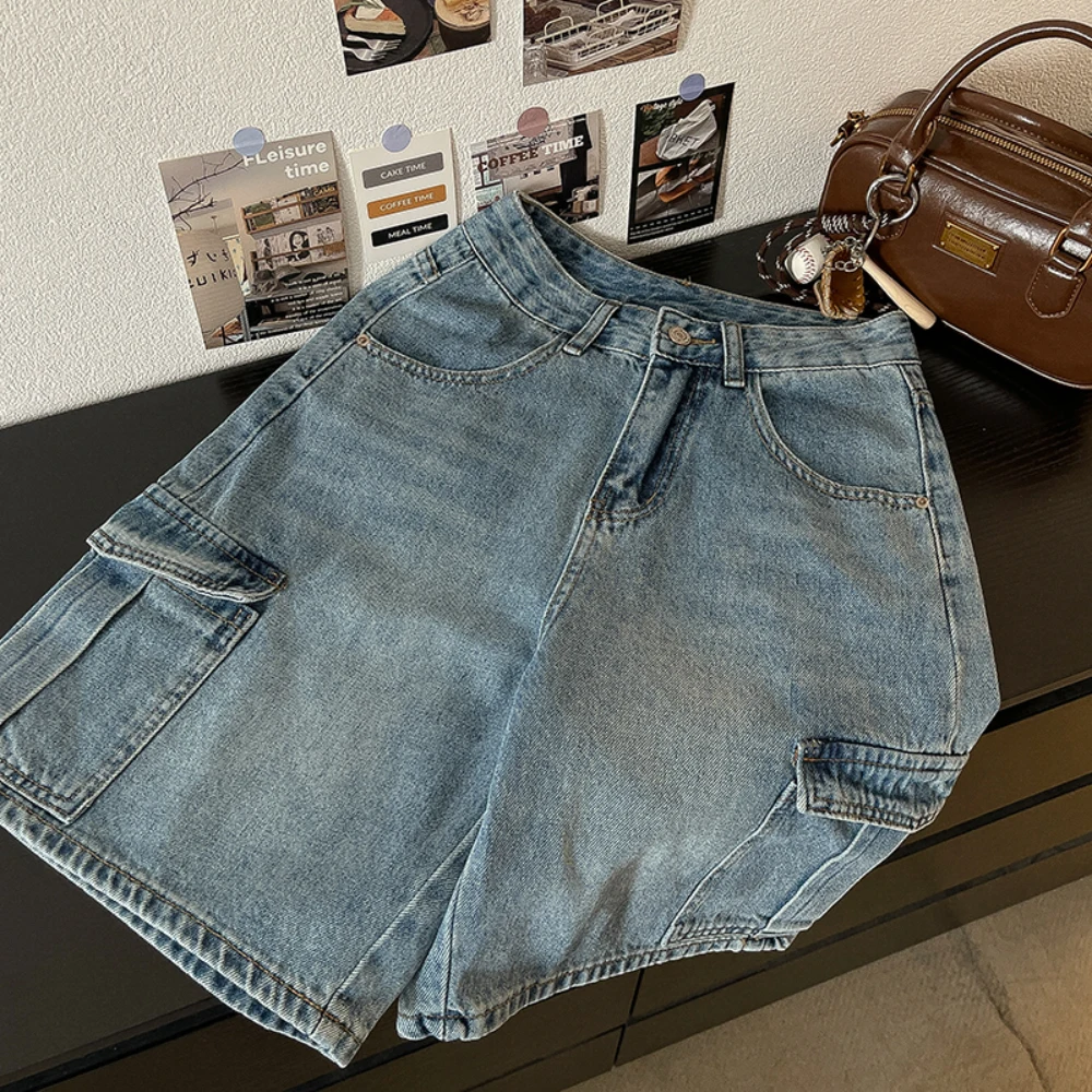 

American Retro Denim Short Pants Women Summer Solid High Waist Pockets Wide Leg Casual All-Match Shorts Office Lady Wear