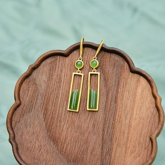 925 Sterling Silver Jewelry 18K Gold Plated Natural Jade Geometric Vintage Drop Earrings for Women Wedding Party Jewelry Gift 5