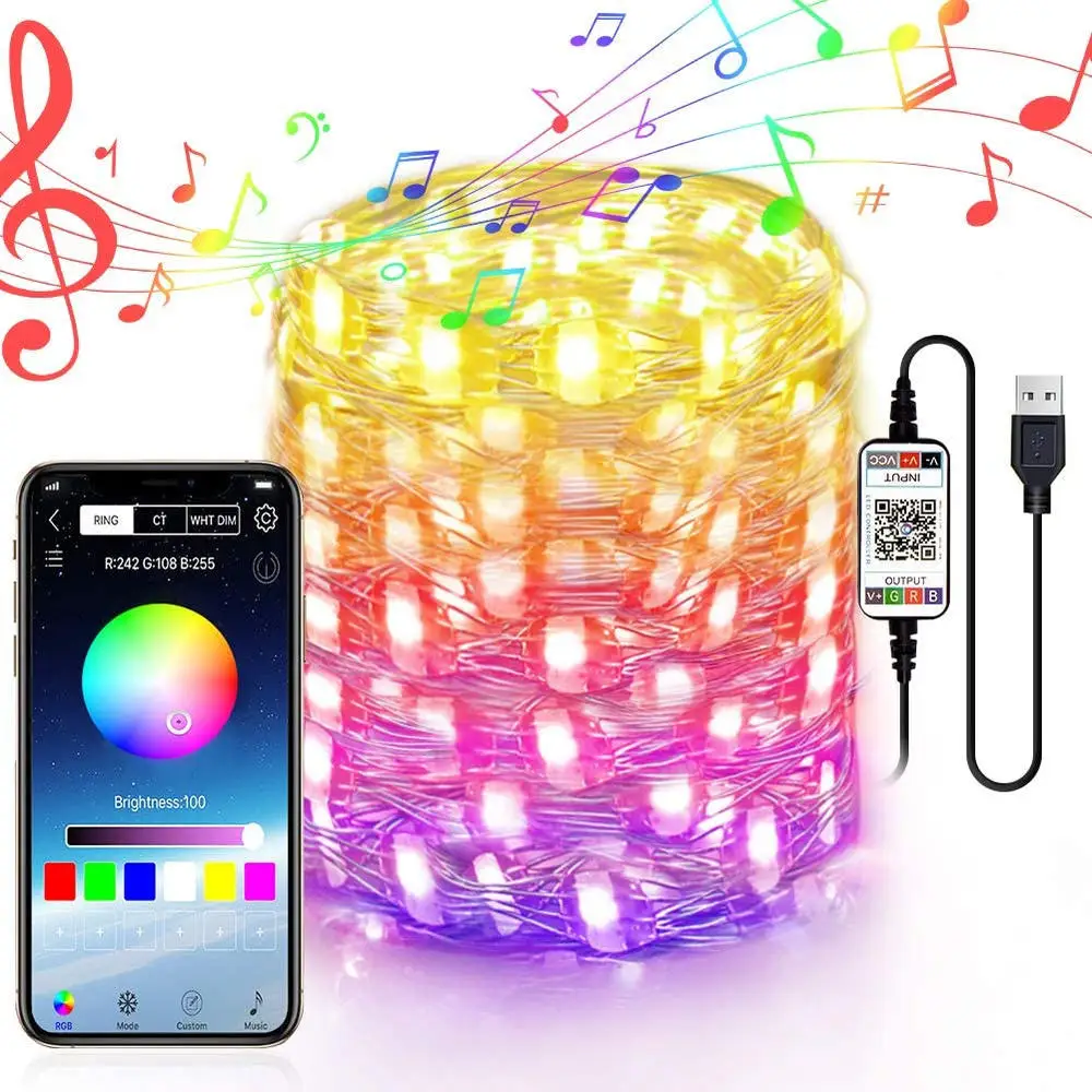 Smart Rgb Kerst Fee String Light App Bluetooth Control Waterdicht Usb Koperdraad Lampjes 16 Kleuren Nieuwjaar Decoratie