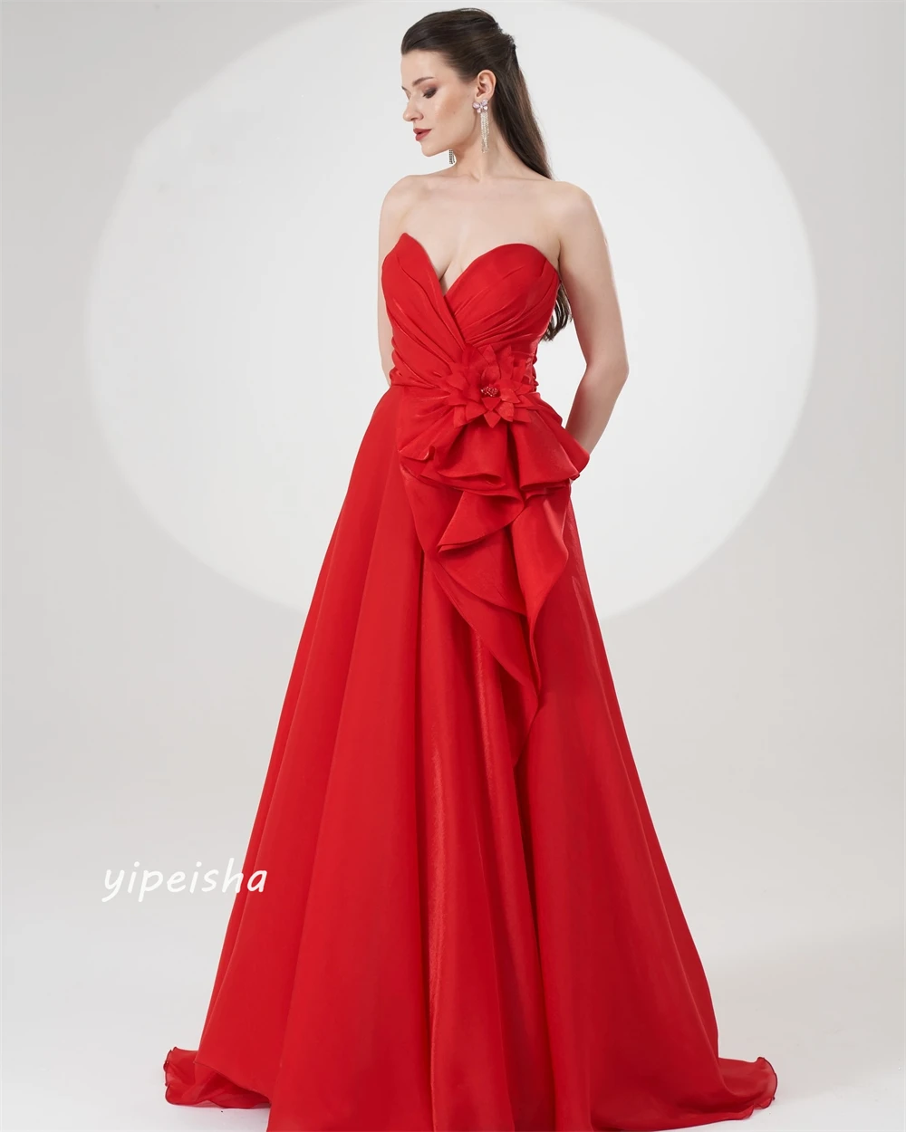 Customized Jersey Flower Beading Ruched Engagement A-line Sweetheart Bespoke Occasion Gown Long Dresses