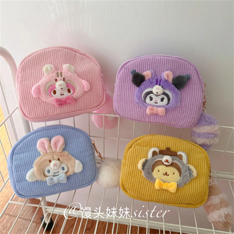 New Sanrio Bushy Tail Cosmetic Bag Kuromi Japanese Style Coin Purse My Melody Cinnamoroll Pochacco Plush Bag Girl Student