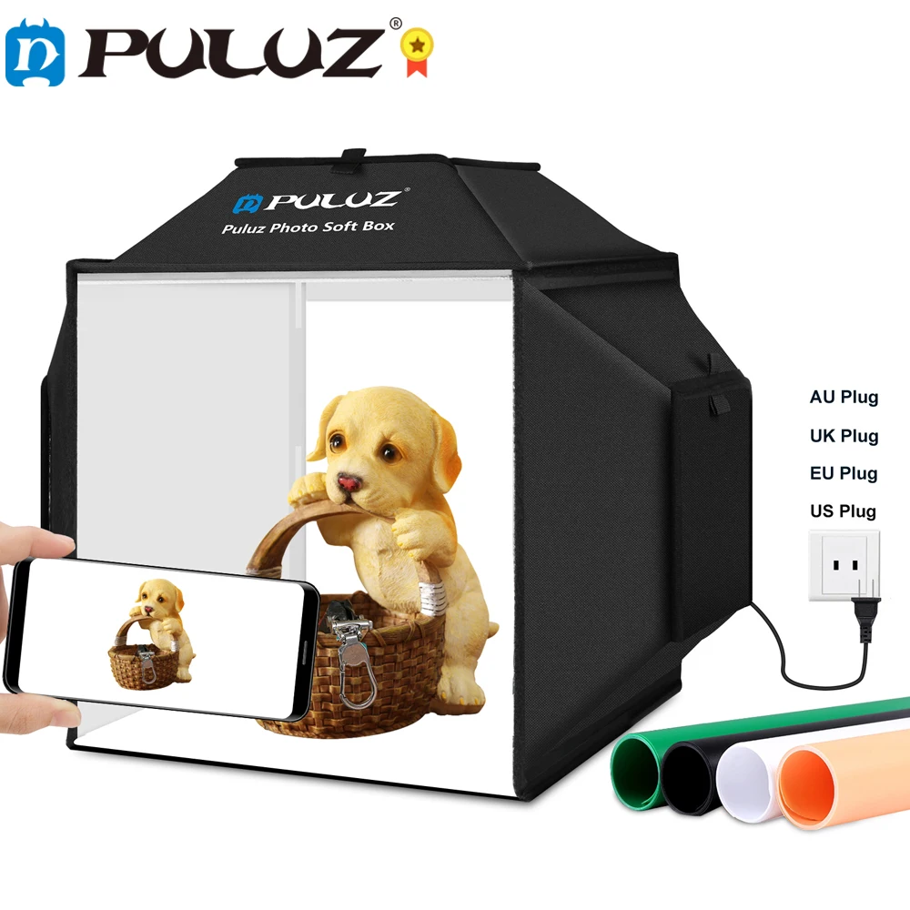 

PULUZ 40cm Folding 72W 5500K Studio Shooting Tent Soft Box Photography Lighting Kit with 4 Colors Backdrops LED Photo LightBox