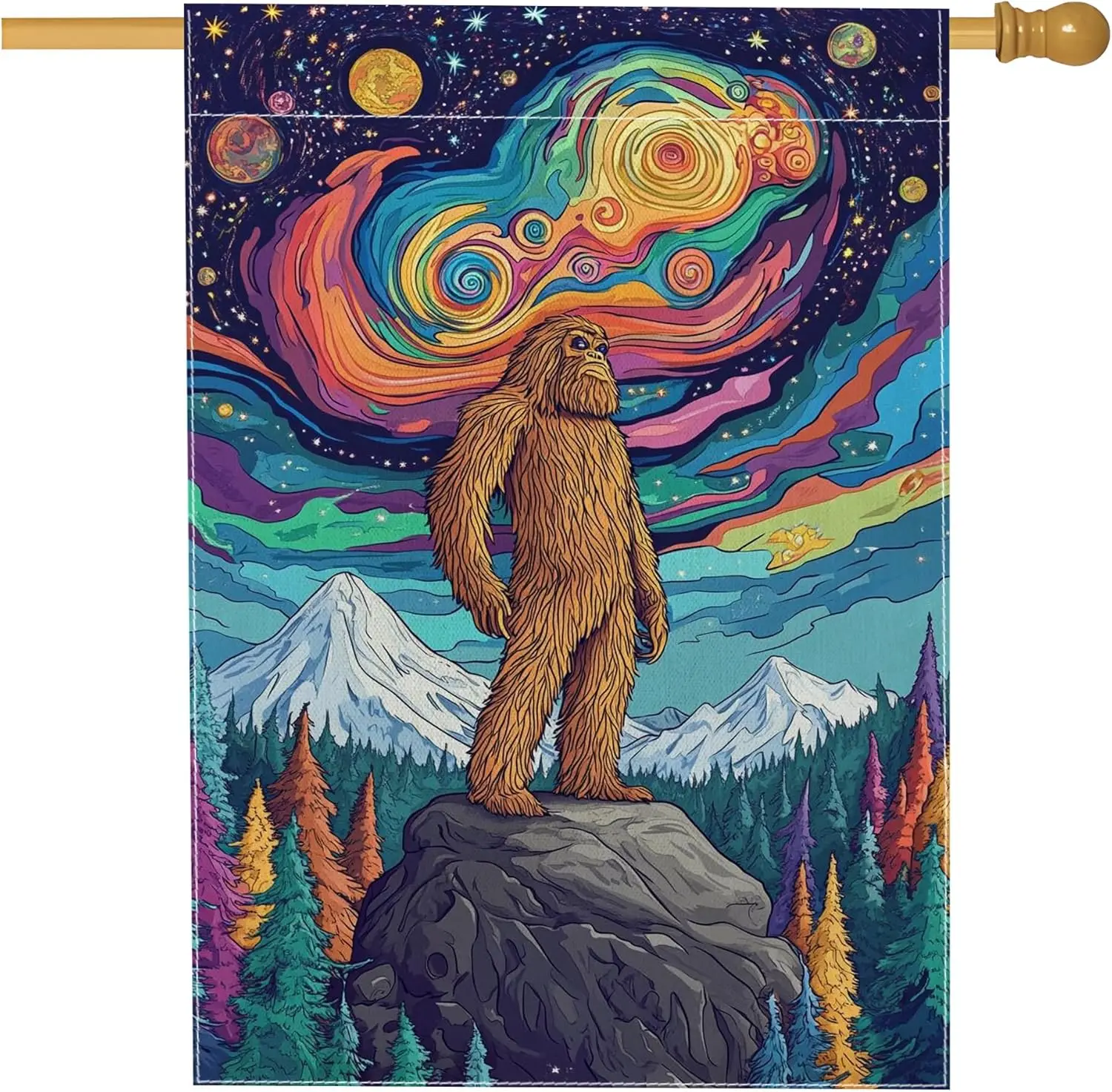 Sasquatch House Flag, Fantasy Fanciful Mountains Trees Summer Multicolor Burlap Double Sided Outside Large Garden Flag for O jjp