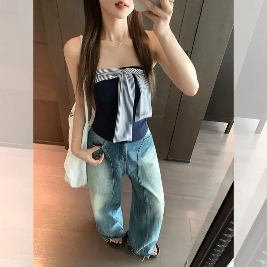 

Топ-труба на одно плечо в полоску в стиле ретро для женщин, летний утягивающий короткий топ с ремешками на груди