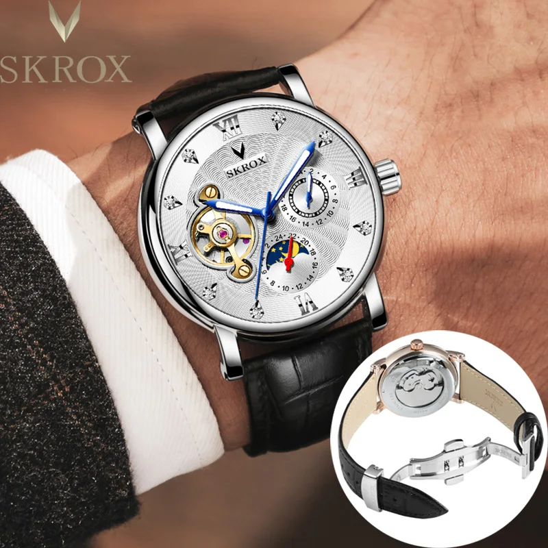 

SKROX Moon Phase Tourbillon Automatic Clockwork Diamond Mechanical Man Watch Top Brand Luxury Elegant Wrist Watches reloj hombre