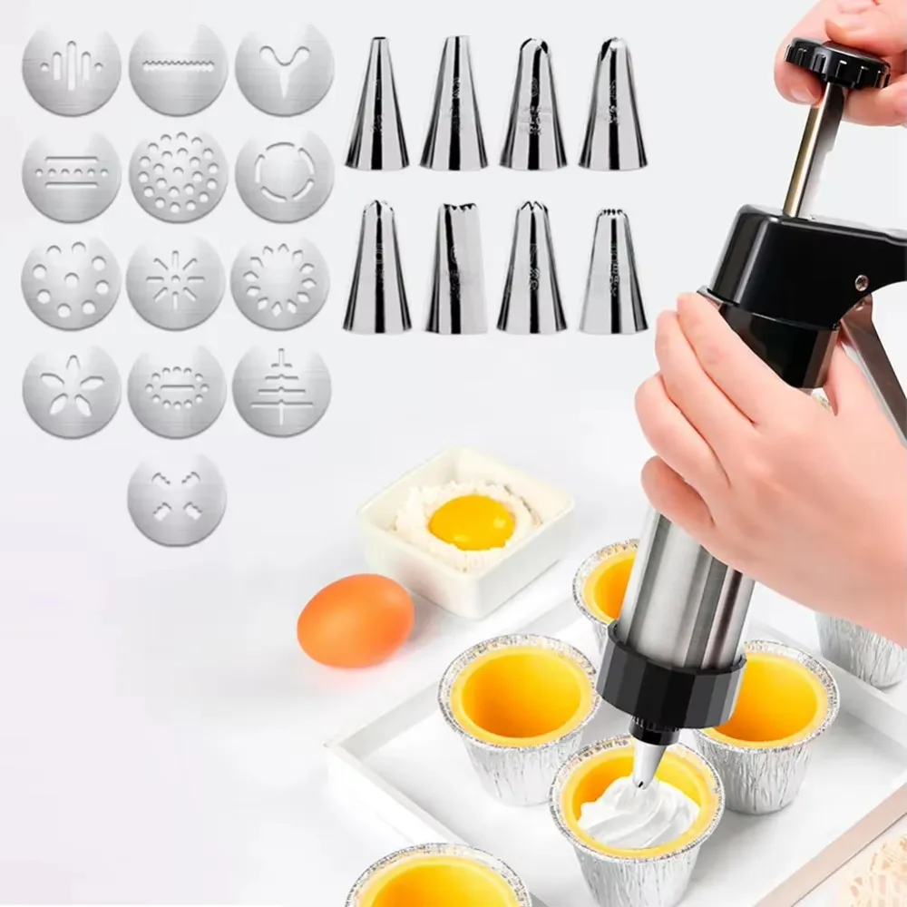 

Stainless Steel Cookie Making Machine Manual Operation with Piping Nozzles Cookie Press Kit DIY Professional Biscuit Tools Set