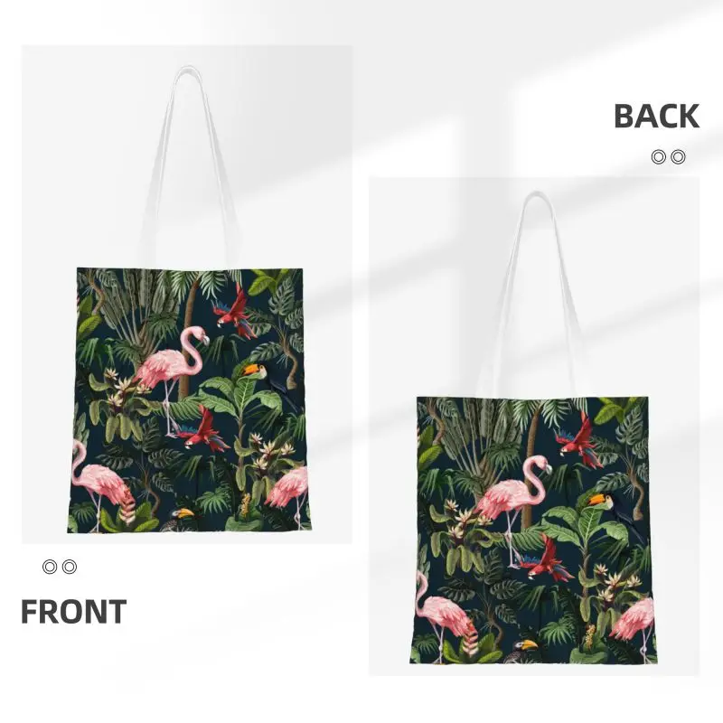 Custom Jungle Pattern With Toucan Flamingo And Parrot Shopping Canvas Bags Portable Grocery Tropical Bird Tote Shopper Bags