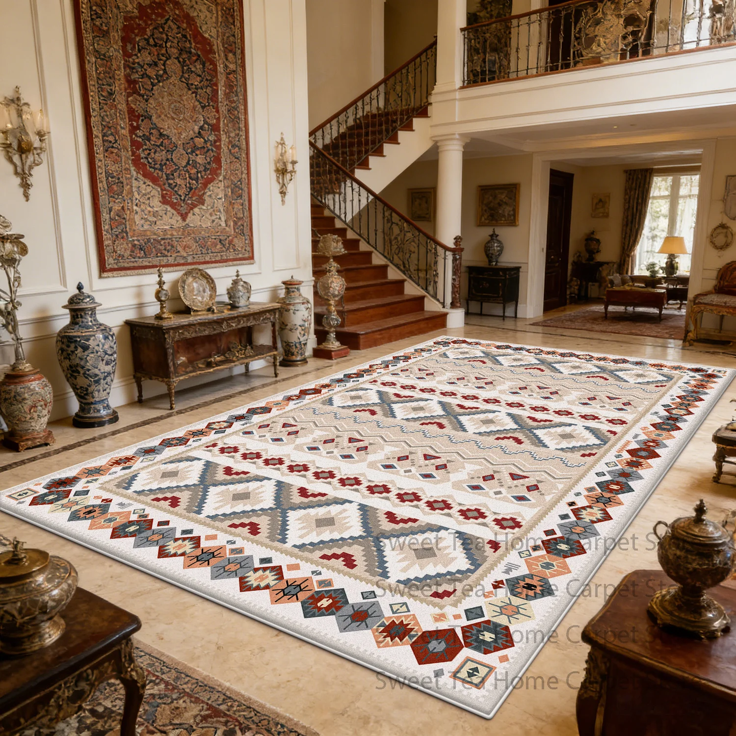 

Персидский ретро-ковер с геометрическим узором для гостиной, эстетичный, моющийся, нескользящий, мягкий, пушистый коврик для спальни и зала
