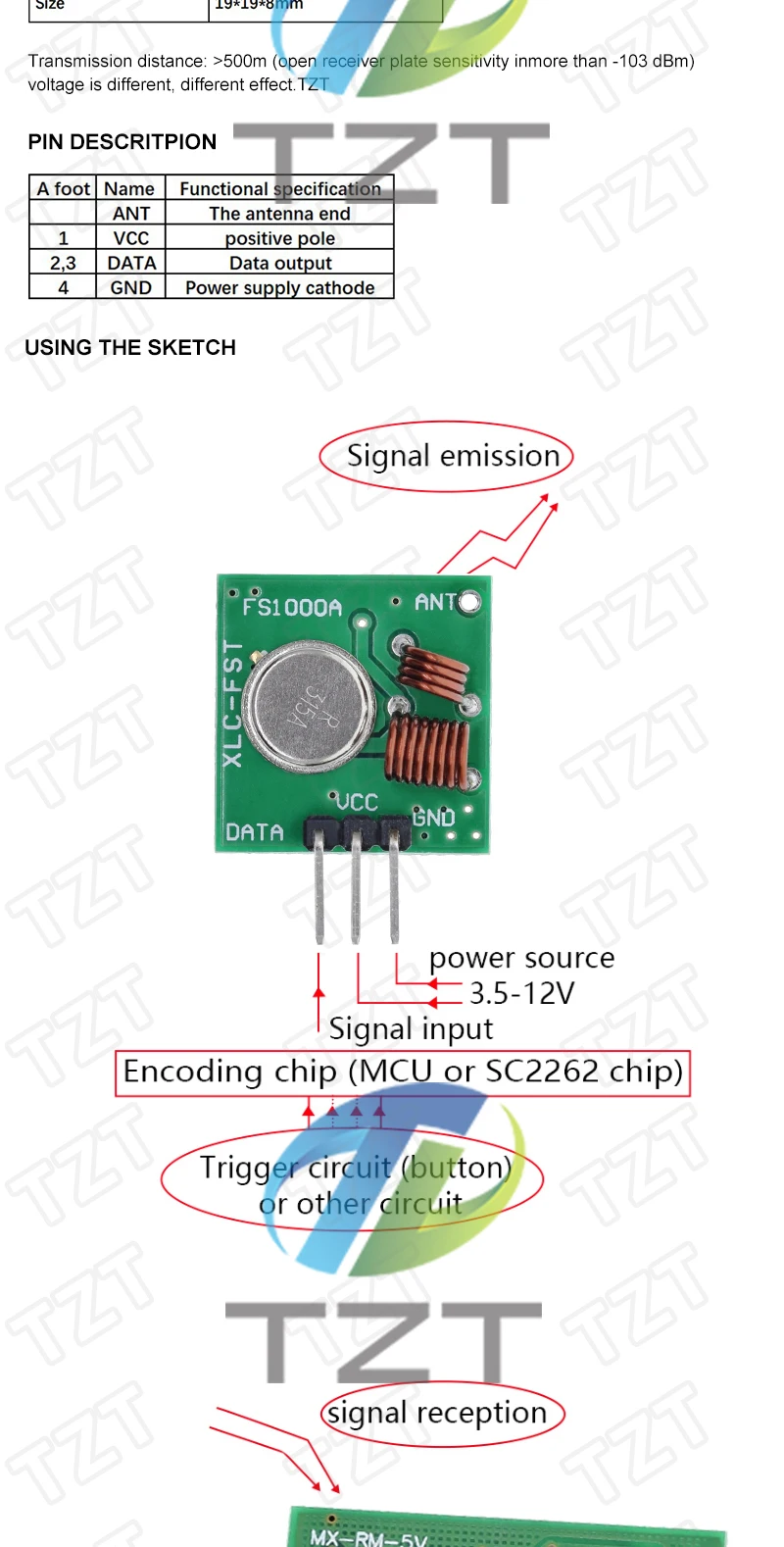 TZT Smart Electronics 433 MHz RF-Sender und Empfänger Modul-Link-Kit für Arduino/ARM/MCU WL DIY 315 MHz/433 MHz Wireless – Detail 2