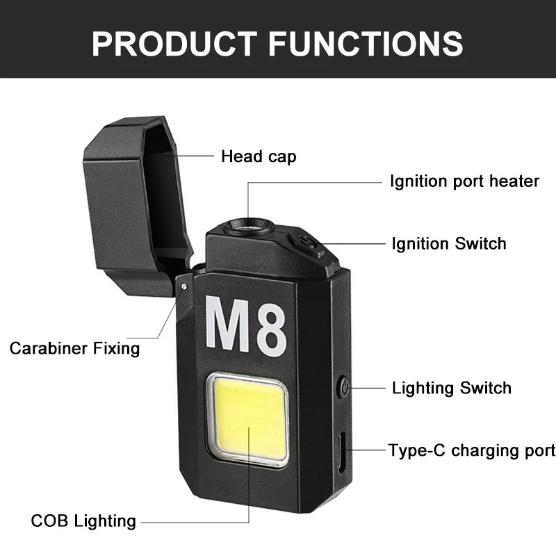 COB Led Flahlight With Lighters Dual Arc Pulse Flameless Lighter Type C Rechargeable Lighter Work Light Mini Light Men\'s Gift