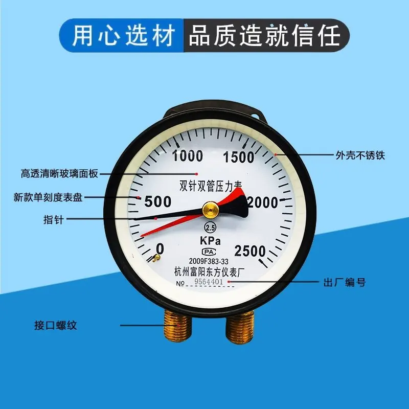 Hangzhou Fuyang Oriental YZS-102 Dual Needle Dual Tube Pressure Gauge for Train Railway Track Marine Auto Repair M16 Dual Way