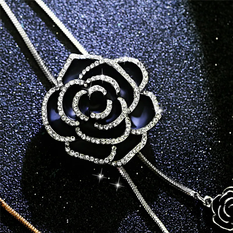 Black Rose Flower Long Pendant Necklace Sweater Chain Crystal Women Jewelry Gift