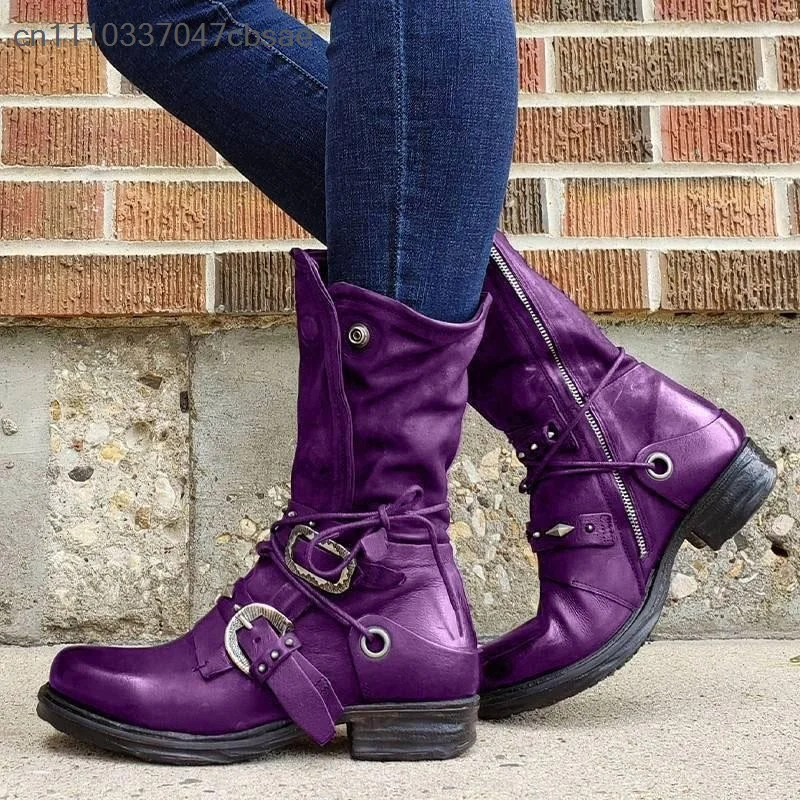 Trendy Ladies Punk Style Mid Calf Biker Boots Multi Vintage Metal Buckle Decor Shoes Side Zip Closure Low Block Heel Soft Boot