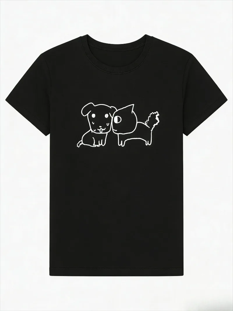 Cute Korean Fun Tee Dog Cat Graphic Top Minimalist Line Art Print Short Sleeve Casual Comfortable Soft Top Daily Wear for Women