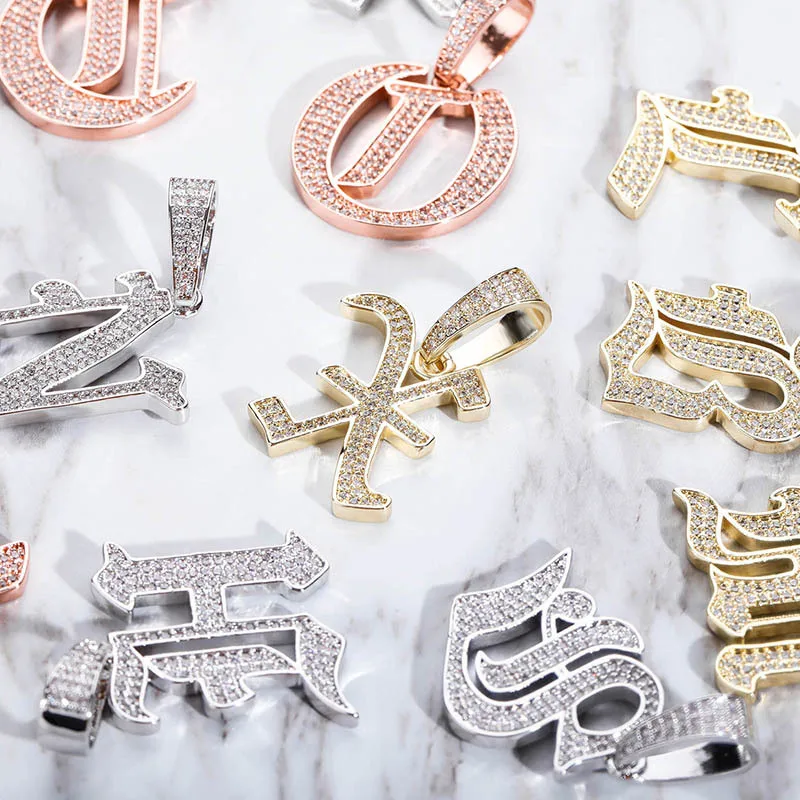 Iced Out Vintage  A‑Z Capital Letter Pendant Iced Out Cubic Zirconia Hip Hop Unisex DIY Splicing Name Necklace Jewelry Wholesale