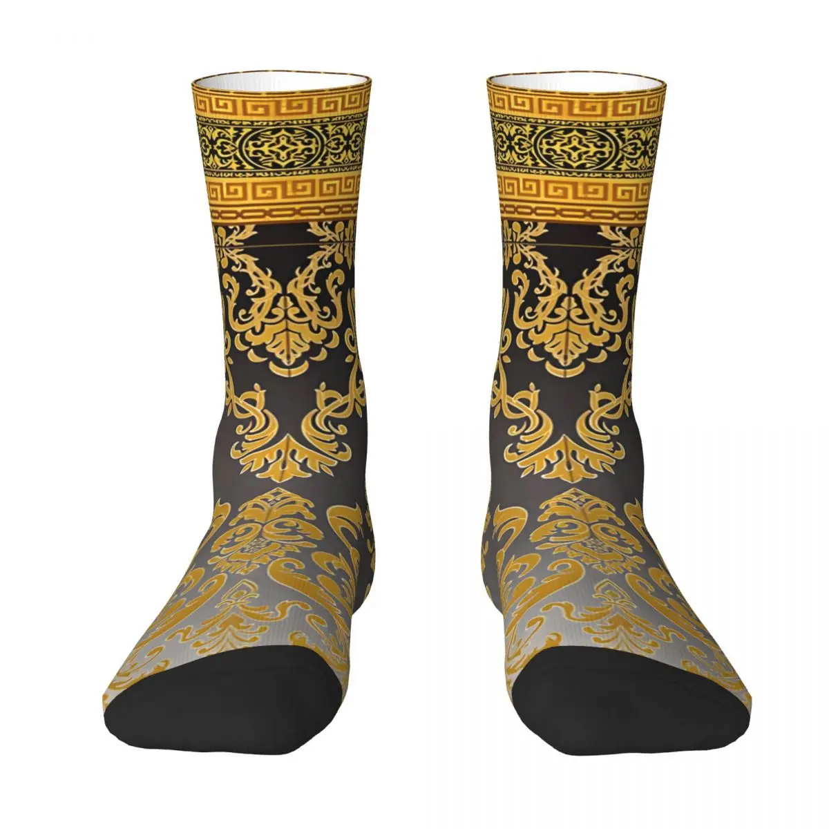 Greek Keys Ornate Floral Baroque Black Silver And Gold Socks Sock Funny Men's Socks Sports Crazy Sock Gift Printed