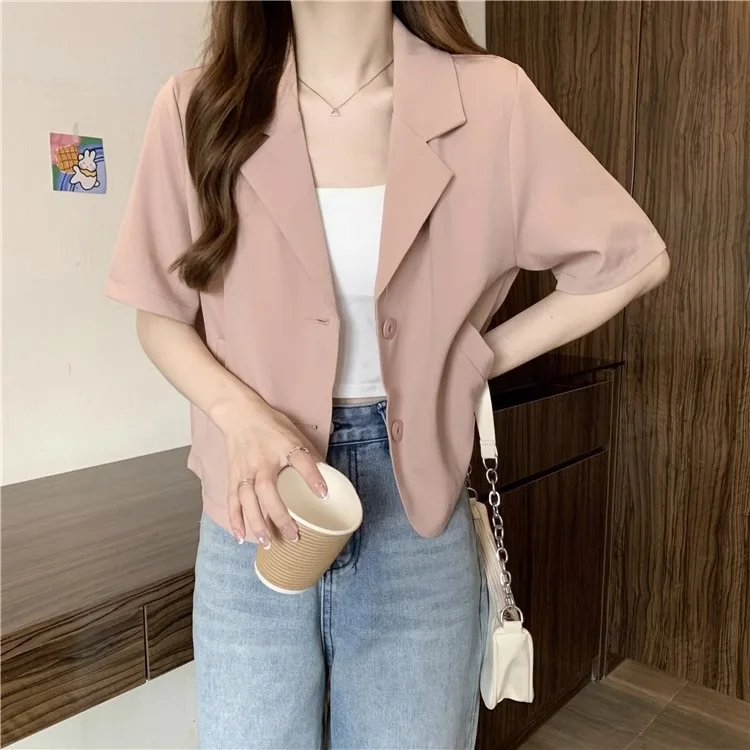 

Women's ort Sve irt Jaet Thin Design Summer 2023 Faion Small Batch Tailor's Collar Top Pure Color Versatile Sle
