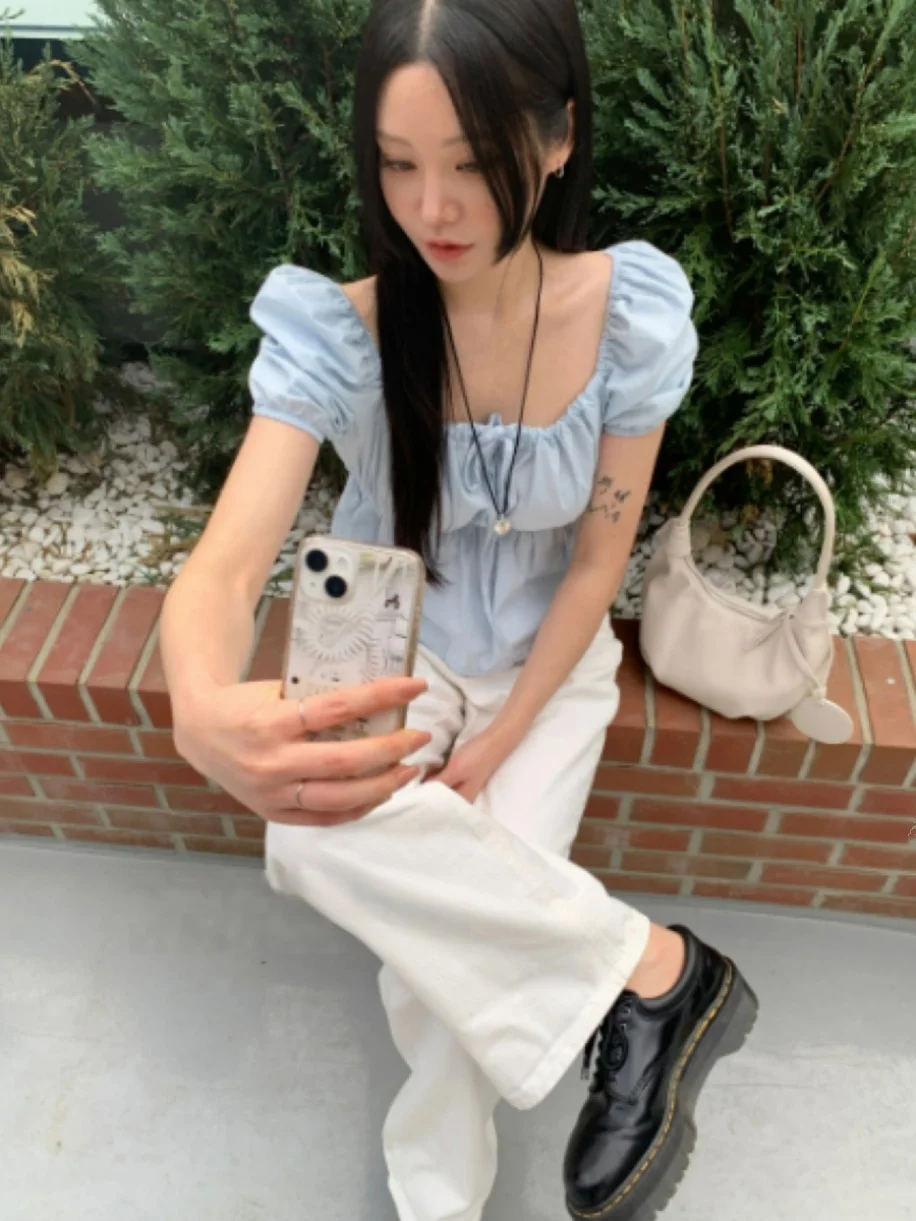 Coreano Sle ort Sve irt mujer oxígeno azul burbuja Sve Tie Ne Commute viento corte recto verano irt para damas