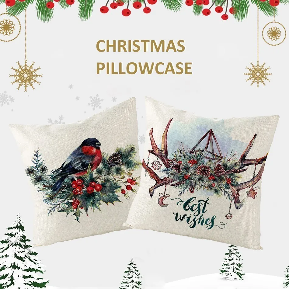 Nordic Cotton Linen Christmas Cushion Cover Wreath Printing New Years 2022 Decor Throw Pillow Case Cojines Decorativos Para Sofá