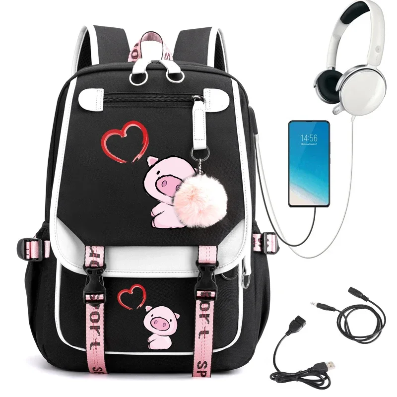 

Heart Pig Print School Backpack Cartoon Teenager School Bag Student Teens Bookbag Laptop Mochila Travel Backpack Kawaii Bagpack