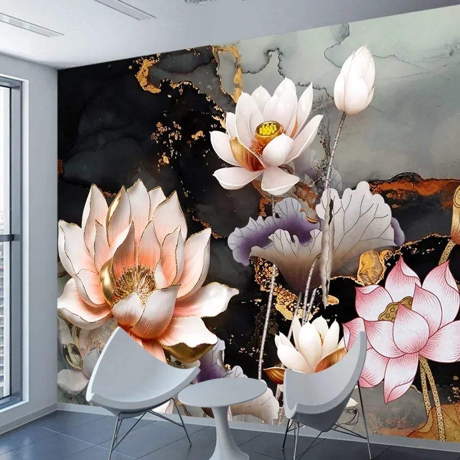 Custom Peel and Stick Easy to Apply Wall Papers Home Decor PHoto Wallpapers for Living Room Lotus Water Lily Marble Floral Mural