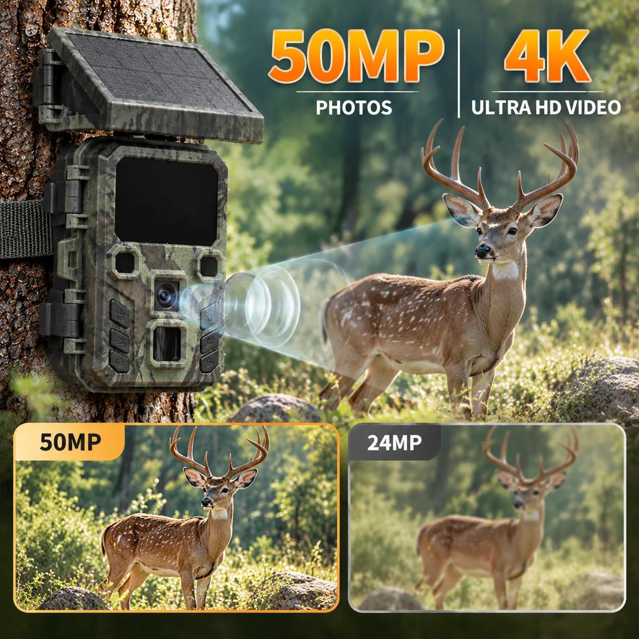Mini Solar Trail Camera 4K 50MP 850nm Low-Glow LEDs Night Vision Waterproof Wildlife Camera for Hunting Outdoor Monitoring