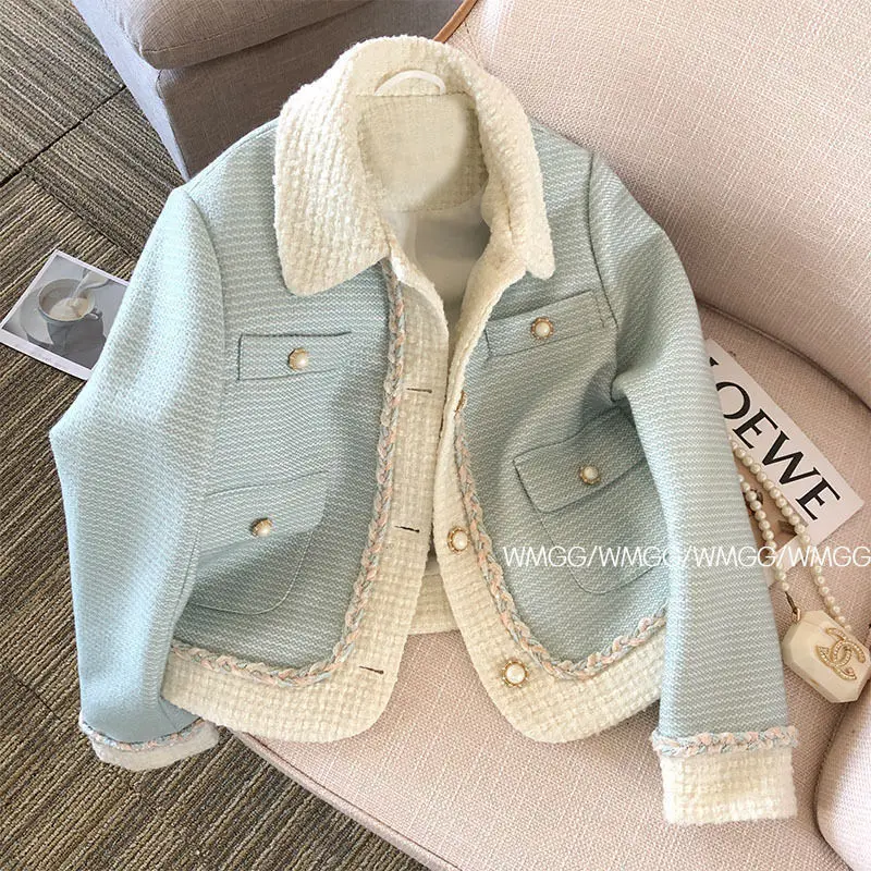 New Elegant Tweed Cropped Jackets Women Korean Polo Collar Short Coat Spring Autumn Streetwear All Match Casual Outerwear Tops