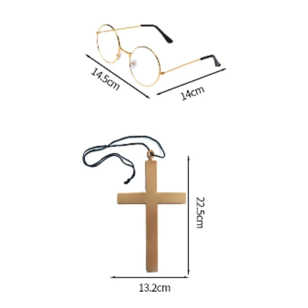 ハロウィーンのドレスアップアクセサリー、クロスゴールドのラウンドフレーム、クリアレンズサングラス、修道女のスカーフ