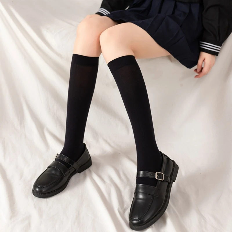 Women Solid Color Thigh High Stockings Thin Student Calf Socks