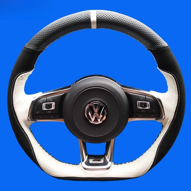 

100% подходит для Volkswagen Golf 7 R MK7 GTI Polo GTI Scirocco 2015 2016, прошитый вручную чехол из натуральной кожи и замши на руль автомобиля