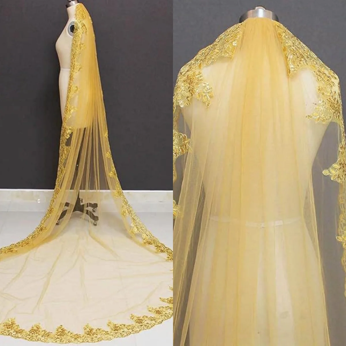 

Vintage Sequins Wedding Veil One Layer Long Cathedral Veils Appliques Edge With Comb Customized Bridal Accessories Ceremony