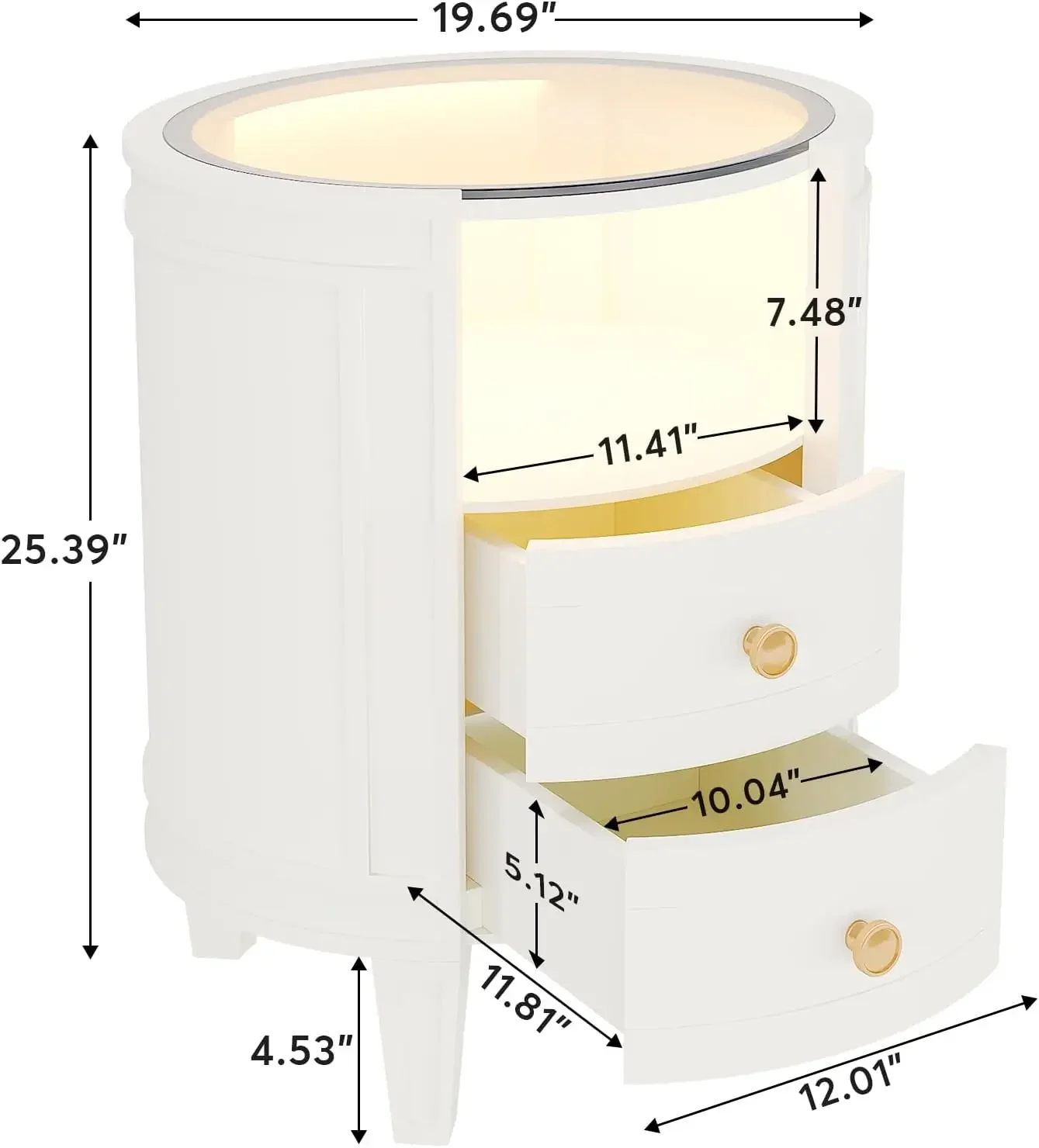 2er-Set Nachttisch mit LED-Glas-Tischplatte, moderner elfenbeinweißer Nachttisch mit 2 Schubladen, keine Montage erforderlich, ovaler Nachttisch