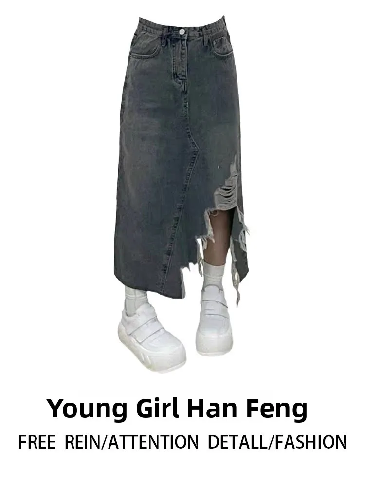 

plus Size Women's High Waist A-Line Skirt Denim Asymmetric Hole Slimming Style for Autumn 2023 Fashion Trend Korean Style