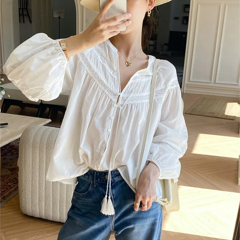 

Осенние праздничные рубашки с длинными рукавами 202, женские топы во французском стиле, белая женская рубашка-блузка, повседневные богемные пляжные женские топы